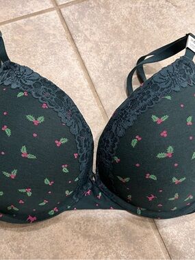 Victoria's Secret Black Bra with Pink Berry and Green Leaf Motif